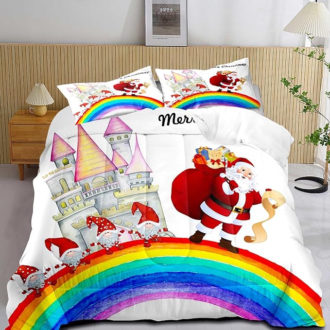 LUVIVIHOME 3PCS Merry Christmas Comforter Set King Size, Funny Santa Claus Bedding, Gnome Castle Rainbow Christmas Bedroom Decor for Kids Girls Boys Teens, White Quilt, Xmas Gifts, 2 Pillow Cases