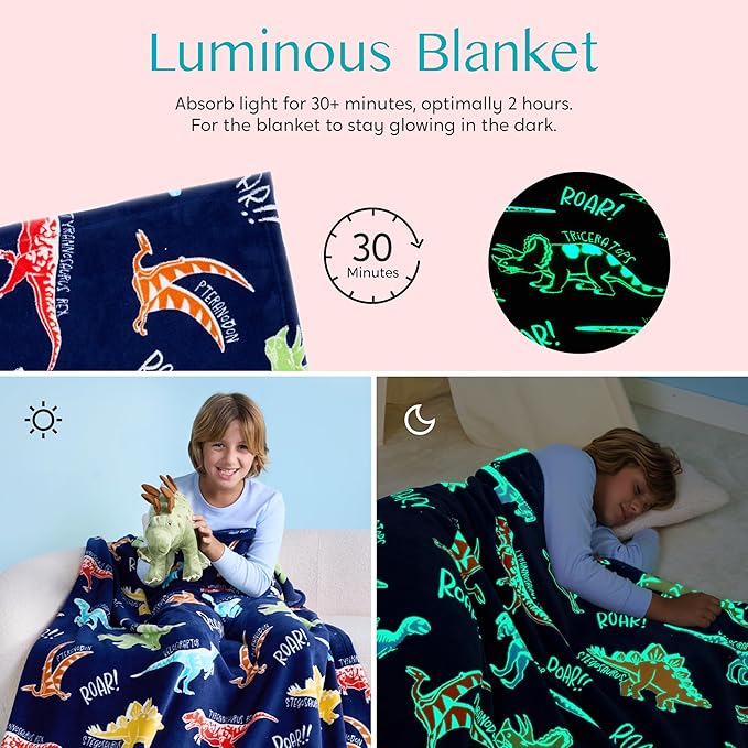 Joiedomi Glow in The Dark Blanket Dinosaur Toys for Kids 3-5 Dinosaur Gifts Toys for Age 2 3 4 5 6 7 8 9 10 11 12 Year Old, Soft Cozy Flannel Kids Throw Blanket, Birthday 50"×60"