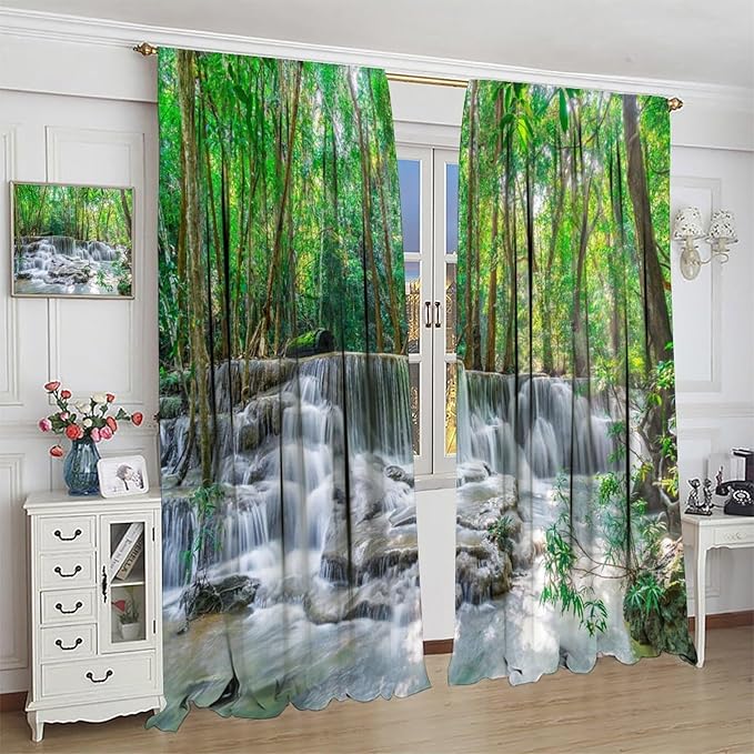 Forest Waterfall Blackout Curtains, Scene Nature Theme Mountain Stream Scenery Print Window Drapes, for Bedroom Living Room 84" W X 84" L