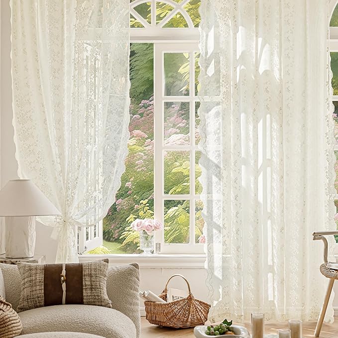 Anmao Vintage Lace Curtains 96 Inches Long 2 Panels Set, Romantic Elegant Light Filtering Semi Sheer Floral Thick Lacy Curtain Drapes for Living Room and Bedroom, Each Panel 55W x 96L, Ivory