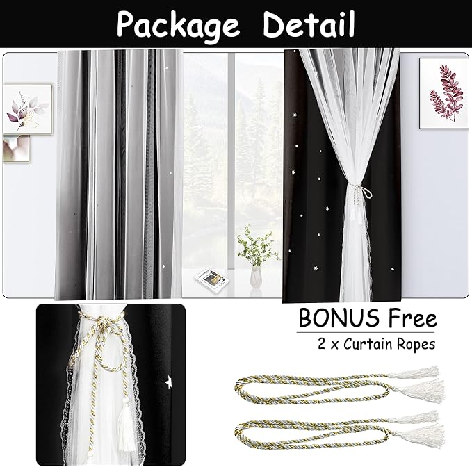 Kinryb Kids Blackout Curtains for Bedroom/Living Room/Classroom, Sheer Overlay Small 2 Panel Set, Double Layer Curtains with Star Cutout for Kids Room(W 52 x L 45 Inches,Black 2 Pcs)