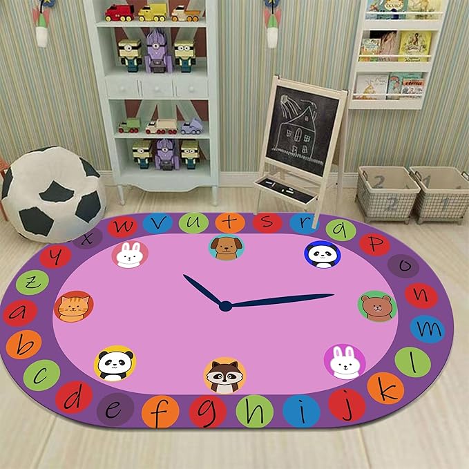 Children's Area Rugs, 5x6ft, Alphabet Animal Early Learning Oval Rug, Cartoon Animal Pointer Print Playmat, Non-Slip Washable Purple Floor Carpet for Kids Room Classroom Nursery