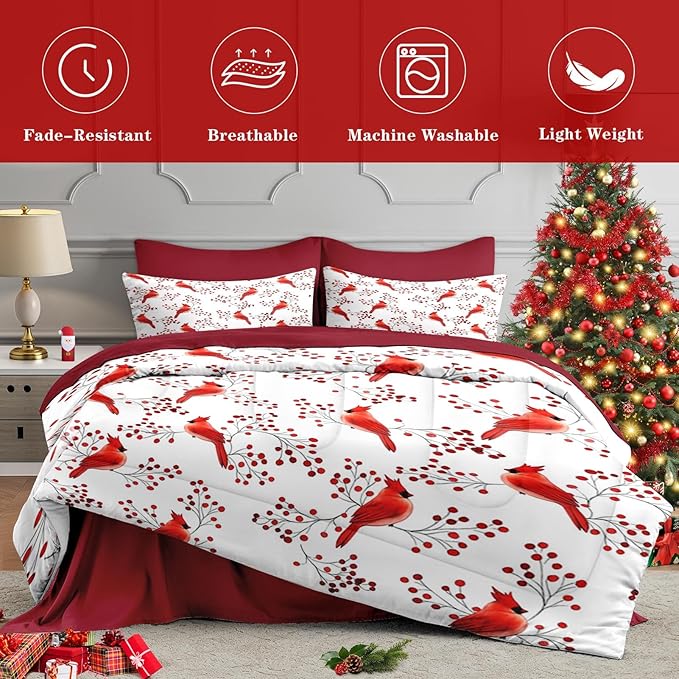 5 Pcs Twin Size Christmas Comforter Set with Pillowcase & Sham, Winter Cardinal Bird Bedding for Kids and Adults, Berries Branches Bed in a Bag with Flat Fitted Sheet