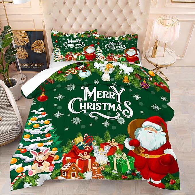 Green Christmas Comforter Twin: Merry Xmas Santa Claus Bedding Set for Kids Teen Girls Boys Christmas Tree Gifts Quilts Holiday Decor Bed Set 1 Comforter & 1 Pillowcase
