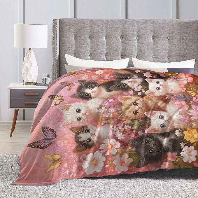 Pink Cat Blanket Funny Cats Throws Pet Animal Print Plush Fuzzy Fleece Blankets Gifts for Girls Boys Super Soft Warm Cozy Butterfly Flower Stuffed for Kids Men Women Bed Sofa Bedding 80"x60"