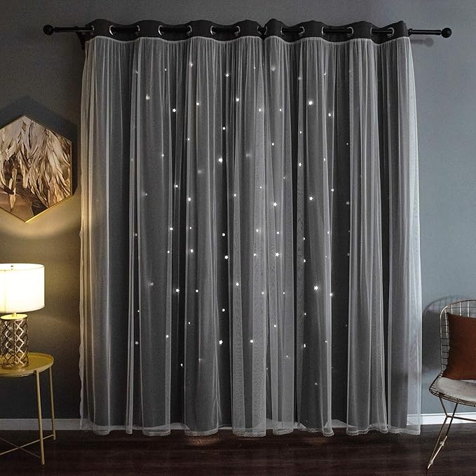 Kinryb Kids Blackout Curtains for Bedroom/Living Room/Classroom, Sheer Overlay 72 Inches 2 Panel Set, Double Layer Curtains with Star Cutout for Kids Room(W 52 x L 72 Inches,Grey 2 Pcs)