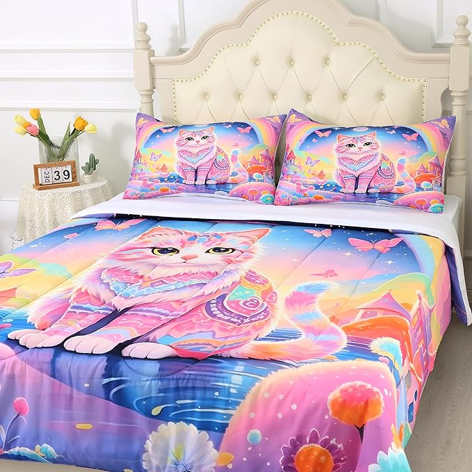 Cat Comforter Set Queen: Rainbow Cat Bedding Set Cartoon Exotic Kitten Floral Feline Castle Quilt for Women Girls Teens Adults Colorful Butterfly Pet Animal Bed Set 3 Piece