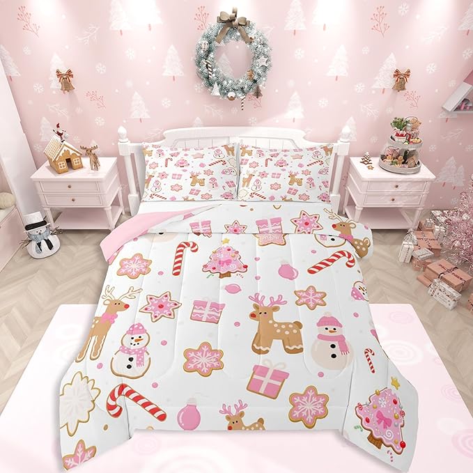 Feelyou Pink Christmas Comforter Set King Size Snowman Deer Bedding Set for Kids Boys Girls Snowflake Duvet Quilt Bedroom Decor Microfiber 3 Pcs with 2 Pillow Cases