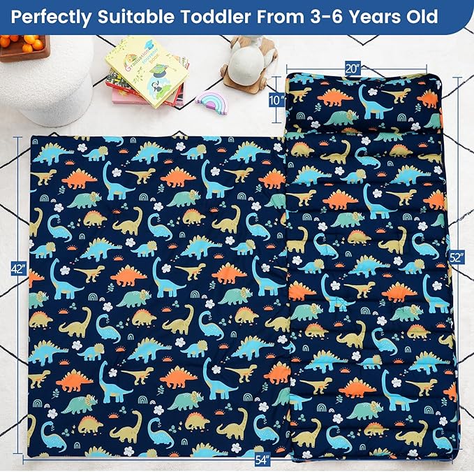 PHF Dinosaur Toddler Nap Mat Set, with Removable Pillow for Toddler Boys, Soft and Lightweight for Daycare, Preschool, Travel, Kindergarten Sleeping Bag, Fits Ages 3-6 Years, Dinosaur