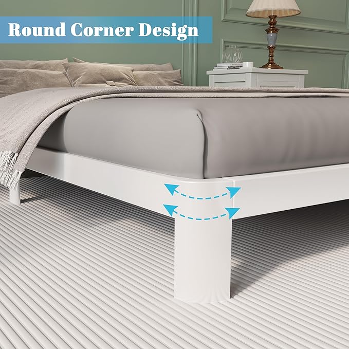Queen Bed Frame 6 Inch White, Metal Bed Frame Queen Size with Gaskets, No Box Spring Need, Heavy Duty Steel Platform Support, Round Corner Design, Noiseless, Easy Assembly