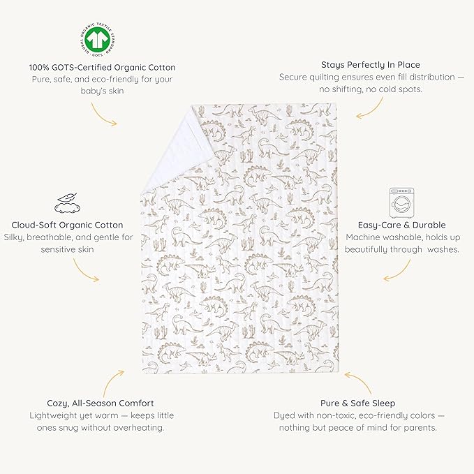 MakeMake Organics Organic Twin Comforter GOTS Certified Organic Kids Blanket Cotton Infill Tufted - Reversible Ultra Soft Breathable Boys Girls (68"x88", Dino Dreams)