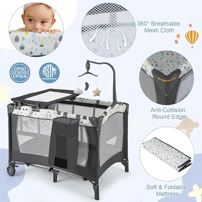 HONEY JOY Pack and Play, 4 in 1 Portable Baby Playard with Bassinet, Changing Table, Lockable Wheels, Music Box, Foldable Travel Baby Crib Nursery Center from Newborn to Toddler (Gray)