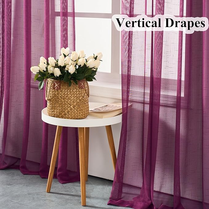 Plum Purple Curtains Sheer 102 Inch Long, Dark Linen Look Textured Light Filtering Drapes, Rustic Eggplant Transparent Window Decor, Floor to Ceiling Pinch Pleat Curtain with Hooks