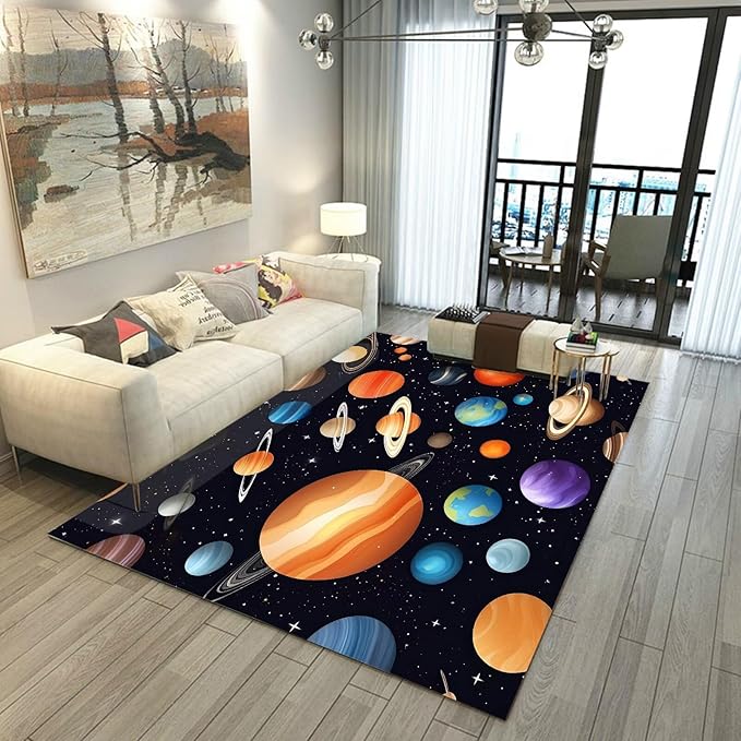 5' x 7' Space Rug for Kids Bedroom Cartoon Planet Stars Rugs Galaxy Carpet Printed Throw Rugs for Boys Children Living Room,150x210cm