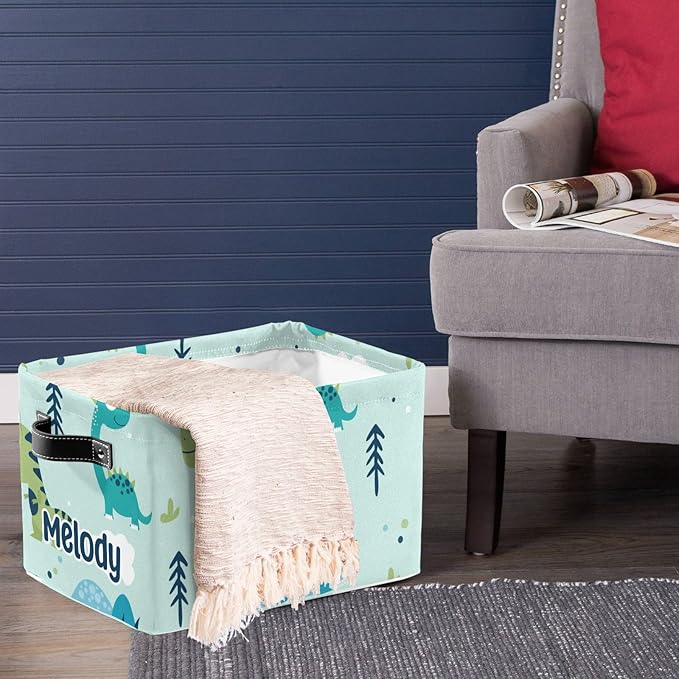 Deven Dinosaur Green Blue Personalized Large Storage Baskets for Organizing Shelves with Handle,Closet Decorative Storage Bins for Bathroom,Nursery,Home