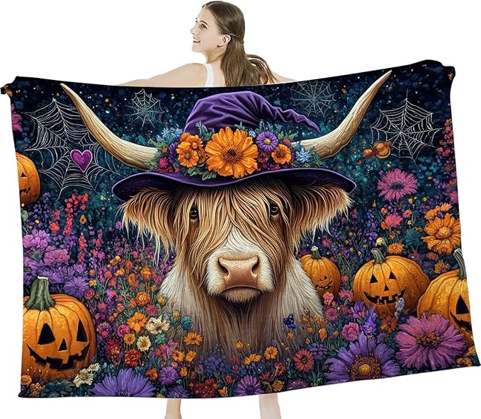 Tijuboni Highland Cow Pumpkin Throw Blanket for Girls Boys Women Men Kids Adults Soft Flannel Fleece Blanket for Couch Sofa Bed Home Decor 60"x80"
