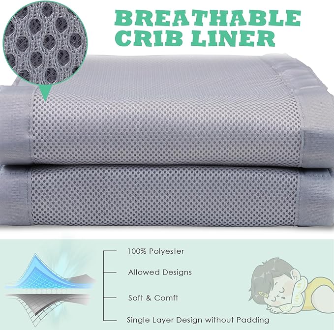 Breathable Mesh Crib Liner for Protecting Baby Legs and Arms, Block The Pacifier from Falling, 11" H (28cm) Essential 3mm Breathable Mesh Liner Around 3 or 4 Side Full-Size Crib, Pink