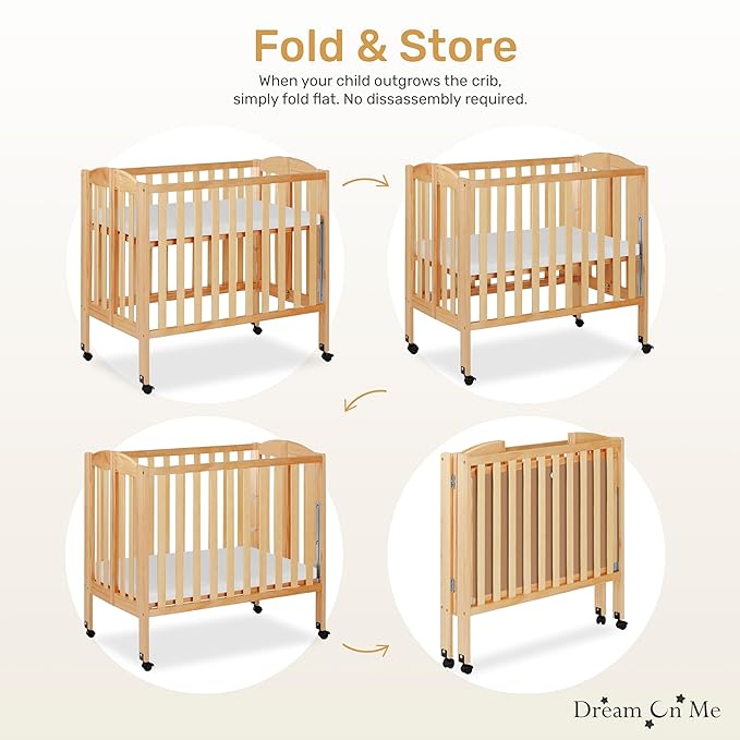 Dream On Me 3-in-1 Portable Folding Stationary Side Mini Baby Crib in Natural & Mattress, GreenGuard Gold & JPMA, Use as Changer & Playpen, Locking Wheels, 3 Mattress Heights, Extra Firm Mattress