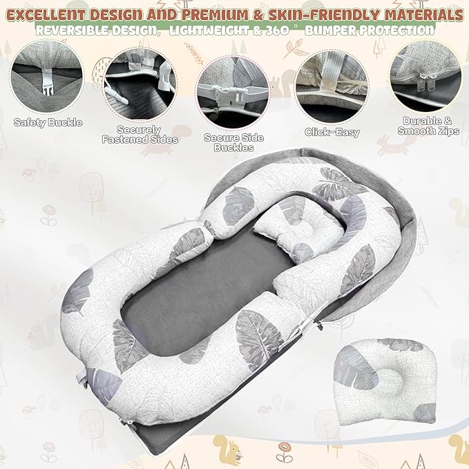 3-in-1 Baby Lounger Nests for Newborn, Foldable Infant Tummy Time Mat & Seated Support for 0-24M, Breathable Portable Baby Essentials Adjustable Soft Cotton Floor Seat for Home & Travel -Leaves