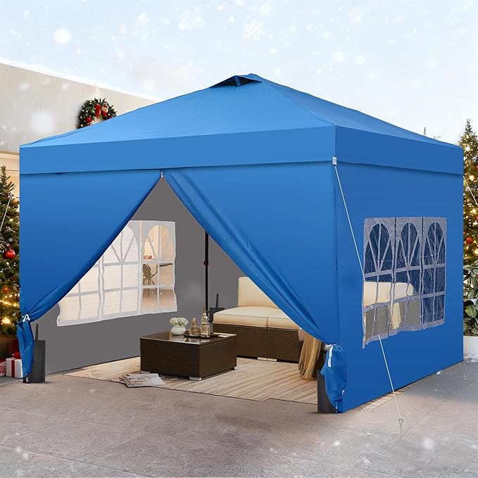 GDY 10x10 Pop Up Canopy Tent with 4 Sidewalls, Easy Set up with One Push Lift Outdoor Silver Coated Beach Gazebos, Carpas with 4 Sandbags, for Pool, Events, Parties, and Camping, Blue.