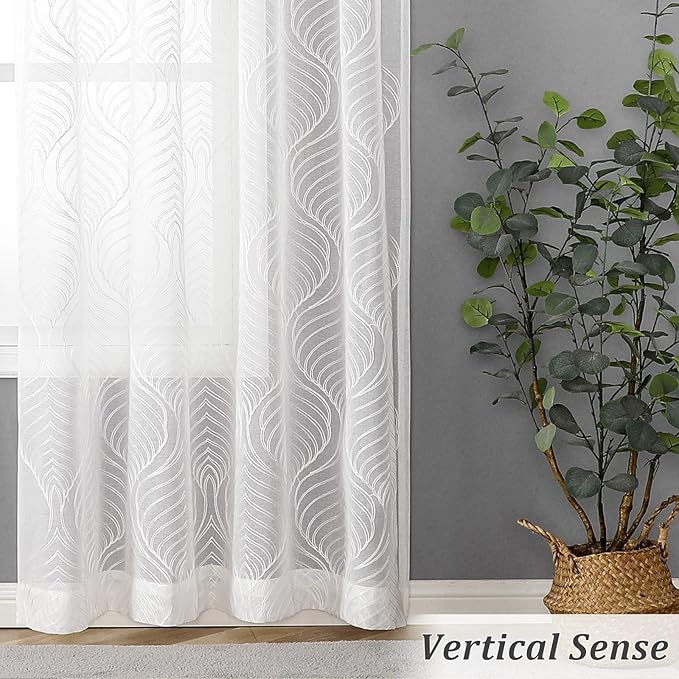 VISIONTEX White Sheer Curtains 72 Inches Long 2 Panels Set Moroccan Embroidery Texture Geometric Rod Pocket Ivory White Voile Tulle Semi Window Treatment Pair for Bedroom Living Room 54 x 72 Inches