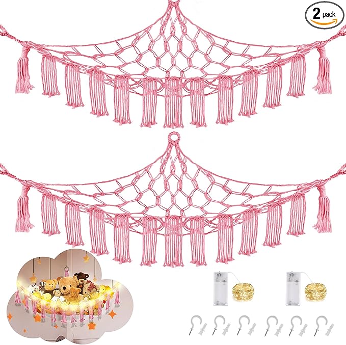 Stuffed Animal Hammock with LED Light, Large Stuffed Animals Storage Corner Plushie Net for Kids Room Decor, 2 Packs Pink