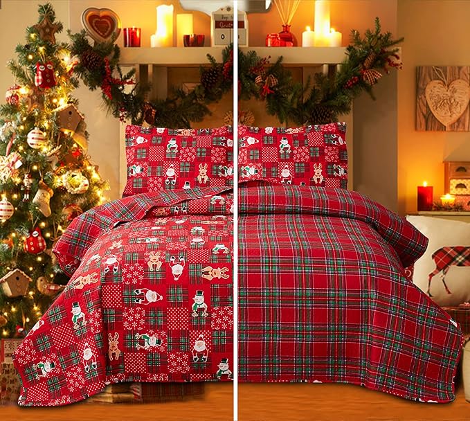 Christmas Quilt Set King Size Bedding Reversible Red Green Christmas Plaid Patchwork Quilt Home Holiday Xmas Bedding Bed Set Lightweight Quilt Bedspread Coverlet,Snowman