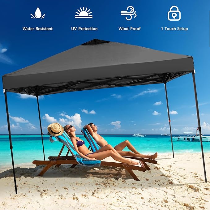 GDY 12x12 Pop Up Canopy Tent with 4 Sidewalls, Easy Set up with One Push Lift Outdoor Silver Coated Beach Gazebos, Carpas for Pool, Events, Parties, and Camping, Black.