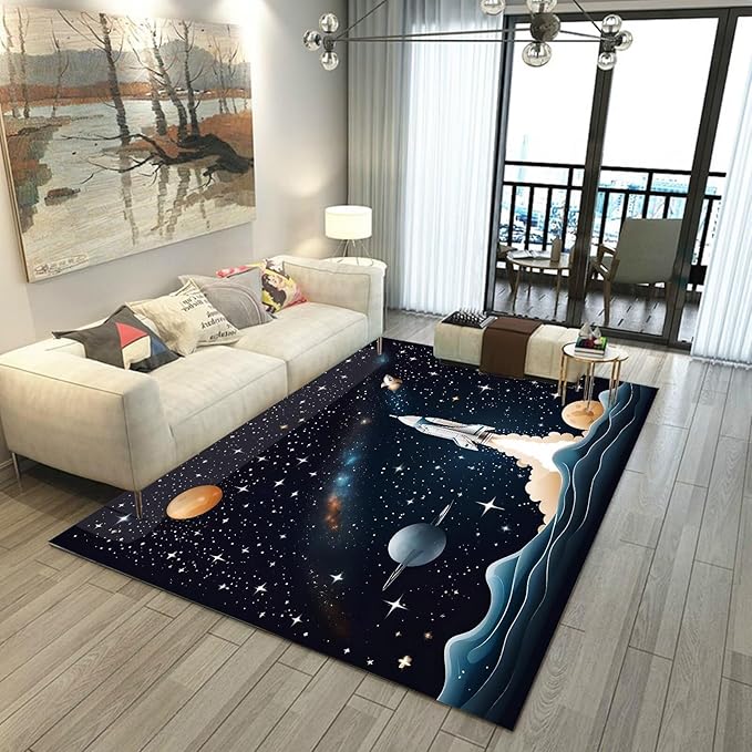 Space Rocket Rug for Boys Room Black Rugs Galaxy Stars Carpet Planet Printed Throw Rugs for Kids Teens Doormat Bedroom Living Room,31 in X 47 in
