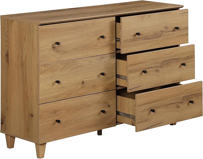 WAMPAT Dresser with 6 Drawers for Bedroom, Wooden Kids Dressers with Wide Chest of Drawers, Modern Closet Storage Organizer Furniture with Solid Wood Legs for Living Room, Hallway, Nursery, Oak Brown