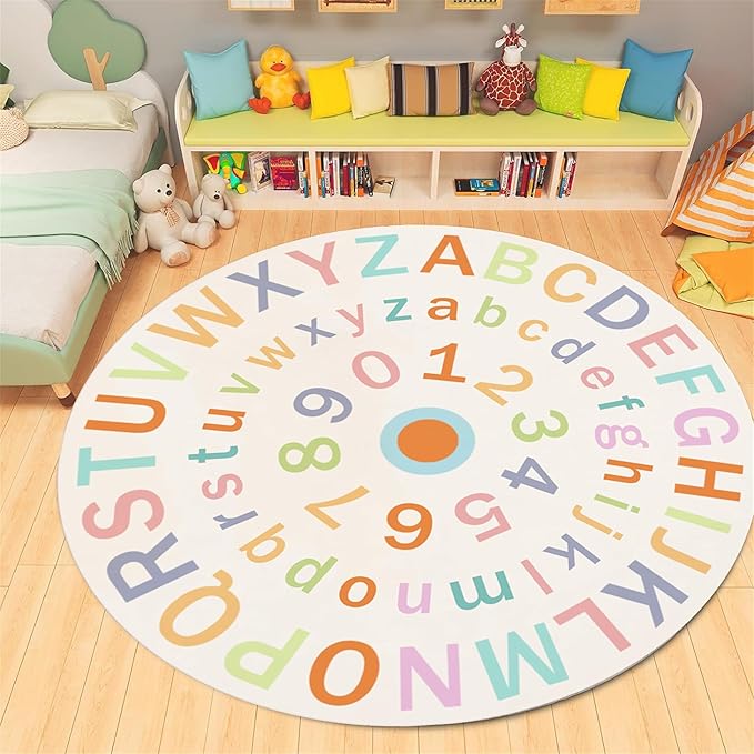 Children's Round Colorful ABC Rug,3.3ft,Soft Fluffy Alphabet Educational Rug, Non-Slip Washable Children's Crawling Game Rug Carpet for Boys Girls Bedroom Playroom Nursery Decoration
