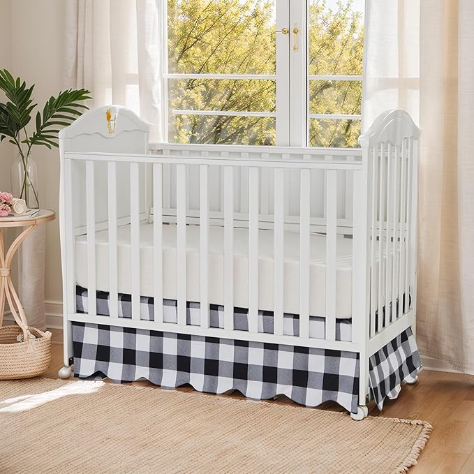 Brandream Scallop Edge Crib Skirt, Baby Boy Girl Gender Neutral Crib Skirt Toddler Bedskirt Farmhouse Chic Nursery Crib Bed Skirt, Boho Bohemian Solid Black White Plaid Buffalo Check bedskirt