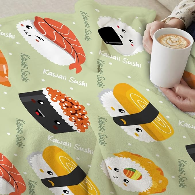 Thuswarm Cute Sushi Kawaii Flannel Throw Blanket Warm Cozy Soft Cartoon Food Print Blankets for Bed Couch Sofa Room Decoration Gifts 80”×60” Large for Adult