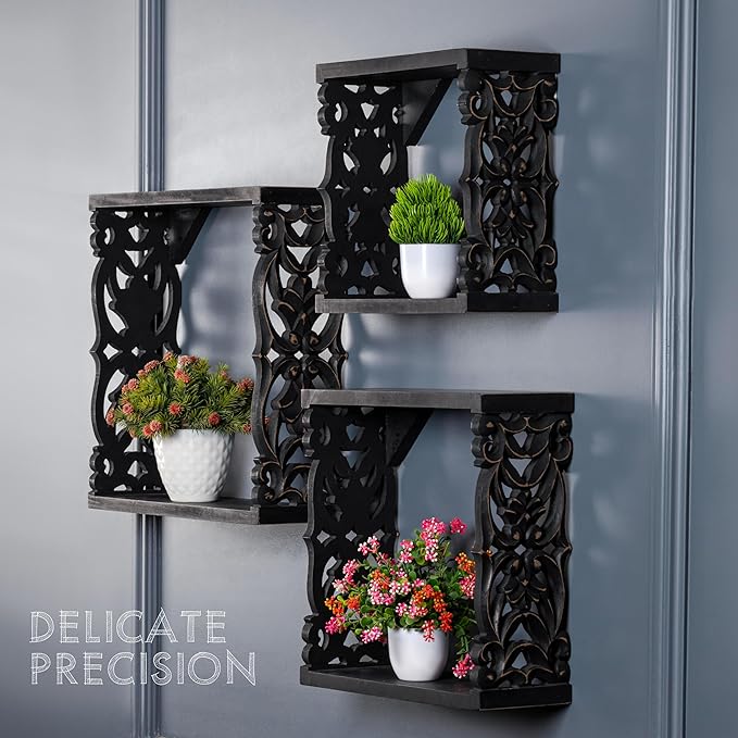 JFY Designs Marina Carved Floating Wall Shelves for Bedroom, Living Room, Bathroom & Kitchen | Wall Mount Display Wall Shelf | Cube Storage – Wood Set of 3 14"x14", 12"x12", 10"x10" | Black