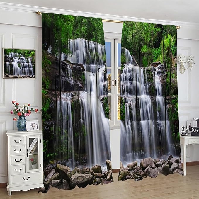 Natural Scenery Blackout Curtains, Spring Rustic Forest Waterfall River Landscape Window Drapes, for Bedroom Living Room 55" W X 63" L