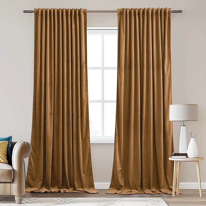 StangH Blackout Gold Brown Velvet Curtains for Bedroom, Back Tab Heat Resistant Privacy Window Drapes Halloween Holiday Home Decoration for Kitchen, W62 x L84, 2 Panels