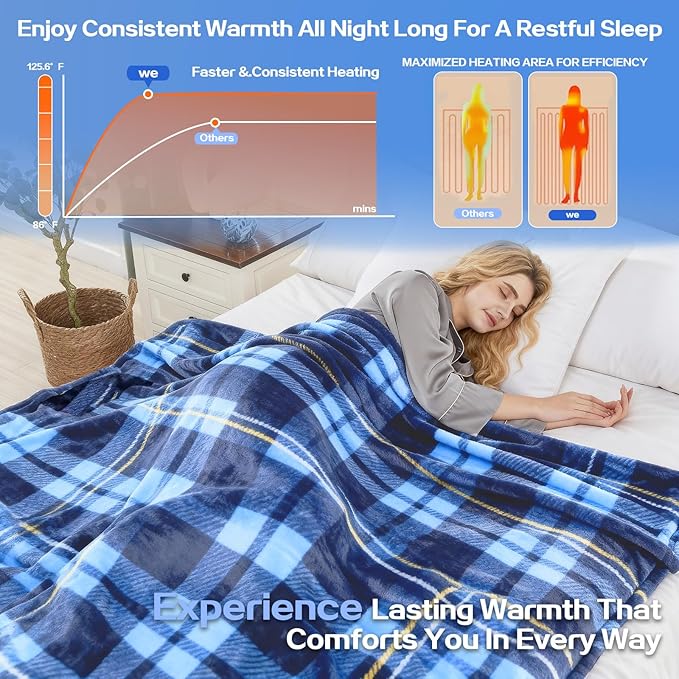 Electric Blanket Heated Throw, Soft Flannel 50"x60" Plaid Heating Blanket with 8 Hours Auto Off 10 Fast Heating Levels Machine Washable Sherpa Heated Blanket with Overheating Protection