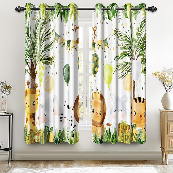 Renaiss 52 x 63 Inch Rainforest Safari Animal Curtains African Jungle Tropical Lions Tigers Elephants Giraffes Palm Trees Pattern Polyester Fabric Grommet Window Drapes for Nursery Bedroom 2 Panels