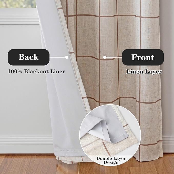 MYSKY HOME 100% Blackout Brown Plaid Linen Curtains 63 Inches Long Checkered Double Layer Farmhouse Thermal Insulated Print Drapes with Rod Pocket Back Tab for Living Room Bedroom, 2 Pcs, 52" Wide