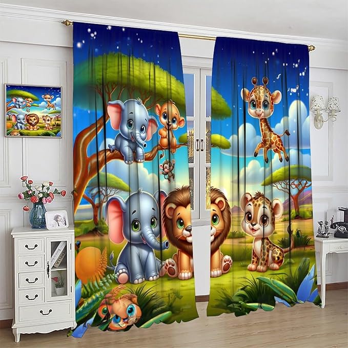 Jungle Safari Window Curtains for Kids Boys Girls Watercolor Cartoon Forest Animals Baby Living Room Bedroom Nursery Toddler Rod Pocket Drapes 42" W X 63" L