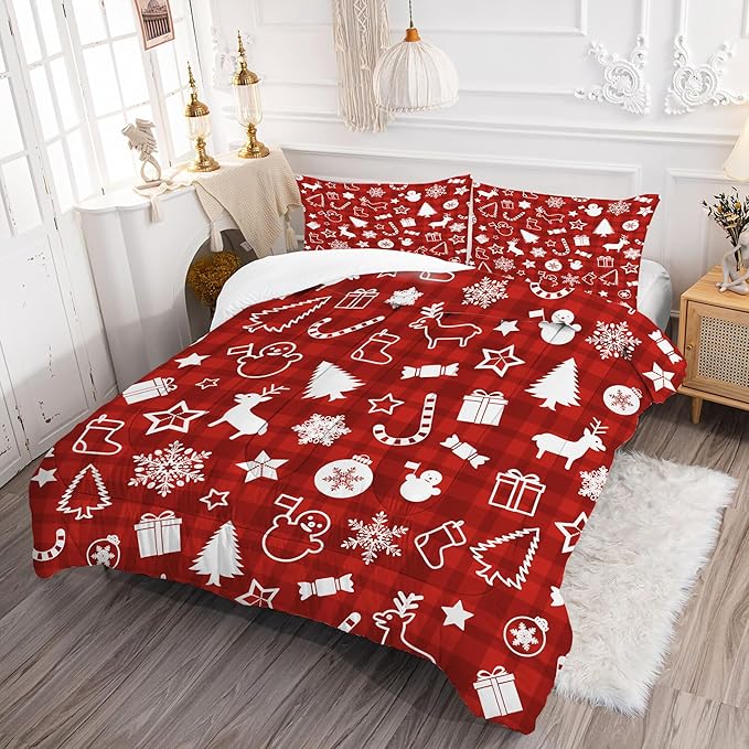 Christmas Plaid Comforter Set: Full Size Cartoon Red Xmas Bedding Sets for Teens Kids Women Christmas Tree Snowflakes Snowman Elk 3 Piece Quilt Bed Set 1 Comforter & 2 Pillowcases