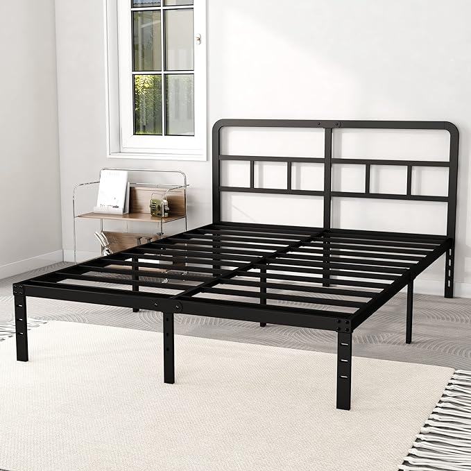 14 Inch Queen Bed Frame with Headboard No Box Spring Needed, Heavy Duty Metal Queen Size Platform with Steel Slat, Mattress Foundation, Easy Assembly, Noise Free, Black