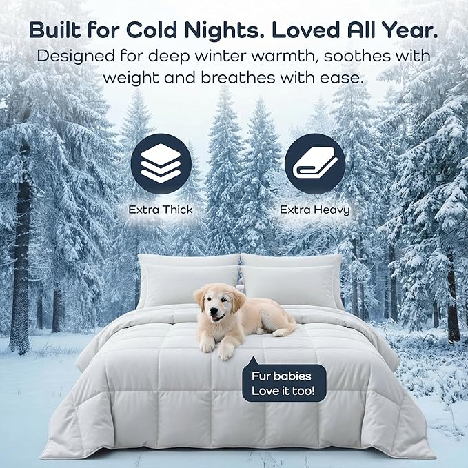 Olive + Crate 100% Viscose derived from Bamboo Winter Comforter - Extra Thicker and Heavier Queen Size - Cooling Blanket, Hypoallergenic & Moisture Wicking Bedding - White Comforter (88" x 90")