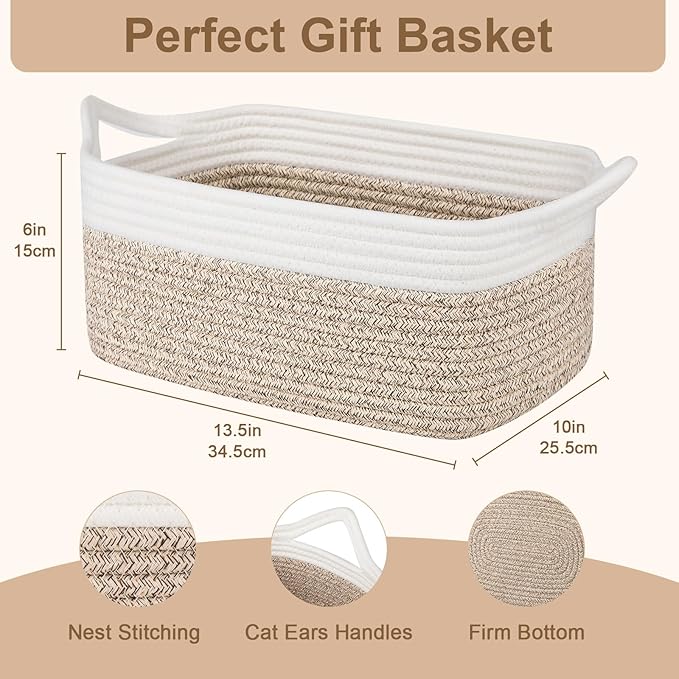 OIAHOMY Small Woven Rope Basket with Gift Bags and Ribbons, Gift Basket Empty for Baby Shower Birthday, Halloween, Christmas, Cute Cat Ear Handles for Shelf Living Room Bathroom, Grey & White