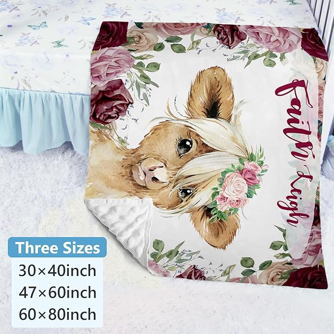 Personalized Baby Crib Bedding Set, Custom Name Blanket with Dotted Backing, 5 Piece Custom Gift Highland Cow Crib Bed Set for Baby Infant Shower Birthday, Floral Crib Bedding Gifts Style06