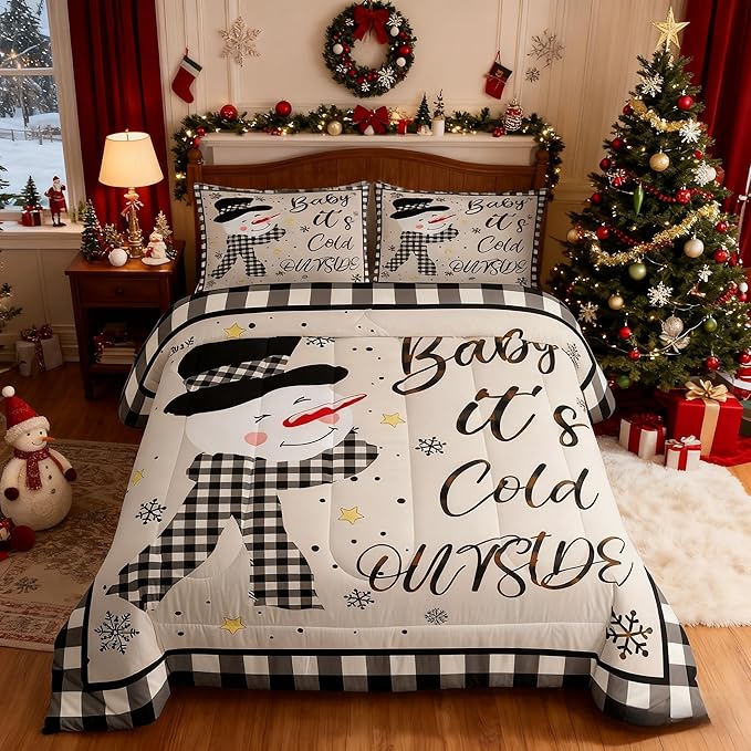 Kids Christmas Snowman Comforter Set Queen Size,Snowflake Winter Bedding,Girls Boys Adults Bedroom/Xmas Cabin Decor,Geometric Grids Lattice Down Comforter,Rustic Vintage Duvet Insert,2 Pillowcases
