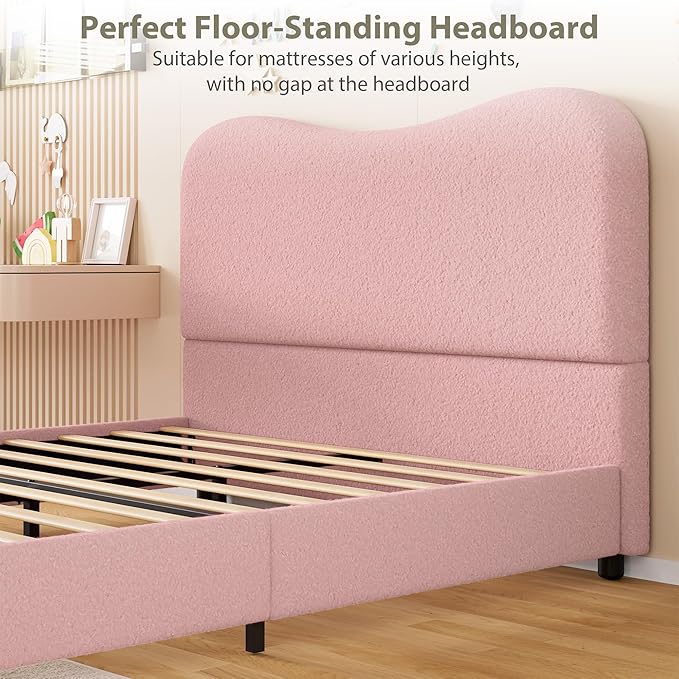 Senfot Pink Boucle Bed Frame with Upholstered Headboard, Soft Low Profile Sturdy Platform Bed with Rounded Corners Design, Heavy Duty, Wooden Slats, Noise Free, No Box Spring Needed, Queen Size