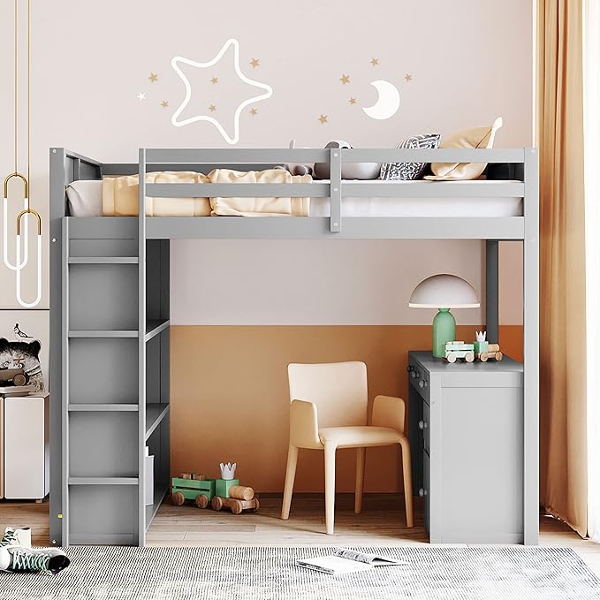 CITYLIGHT Full Loft Bed with Desk and Shelves,Wooden Full Size Loft Bed with Desk and Storage Drawers, Space Saving Loft Bed Full for Kids Girls Boys (Full,Grey)