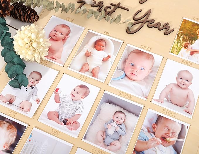 One Year Wood Photo Board - My First Year Month Milestone Board, Girl/Boy 1st Birthday Decorations, 12 Months Banner