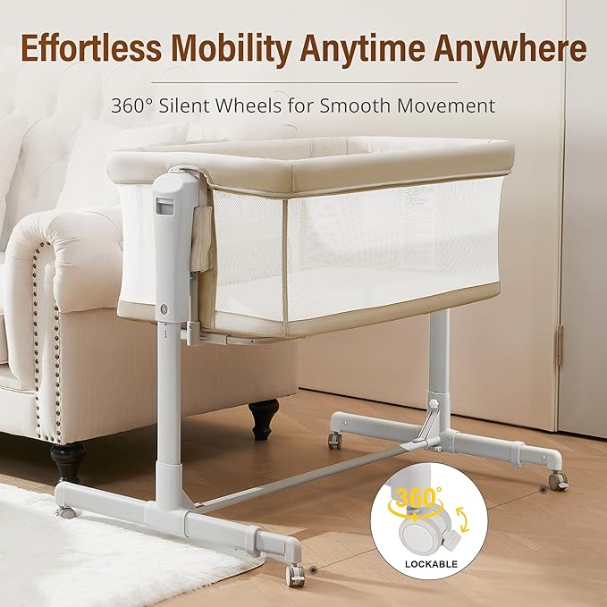 Baby Bassinet Bedside Sleeper 3-in-1, Easy Night Feeding with One-Side Fold & Rolling Wheels, Breathable Mesh, 6-Height Adjustable, Soft Mattress for Newborns